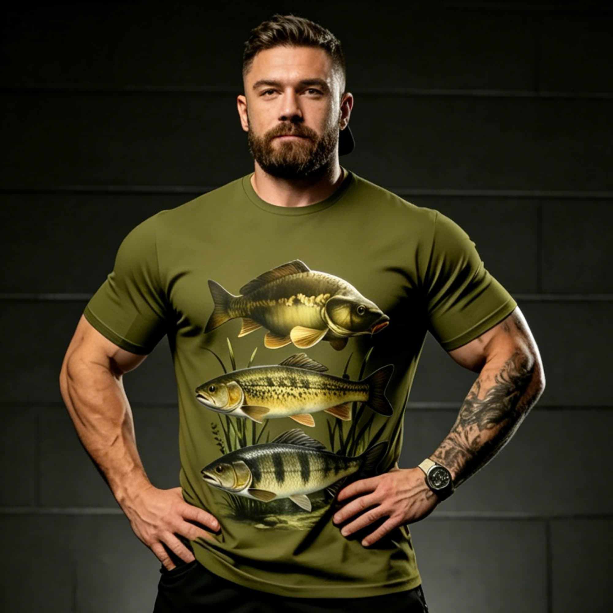 Us Aquatic Sports - 男性アーミーグリーン淡水魚水生草プリント半袖 Tシャツクルーネック釣り愛好家屋外通気性カジュアル Tシャツ