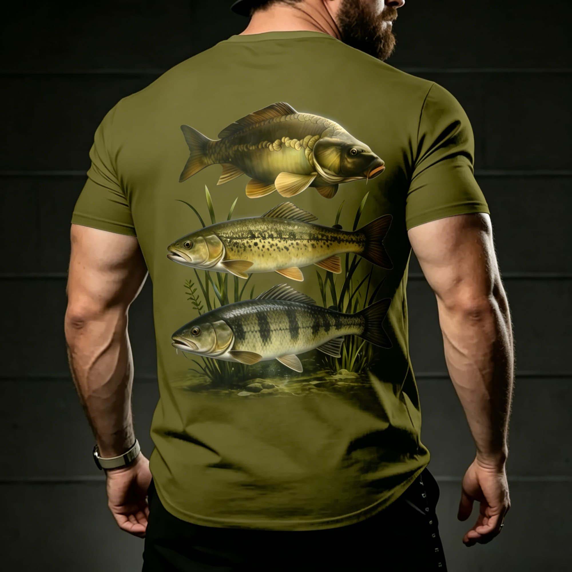 男性アーミーグリーン淡水魚水生草プリント半袖 Tシャツクルー - Us Aquatic Sports のレビューと価格