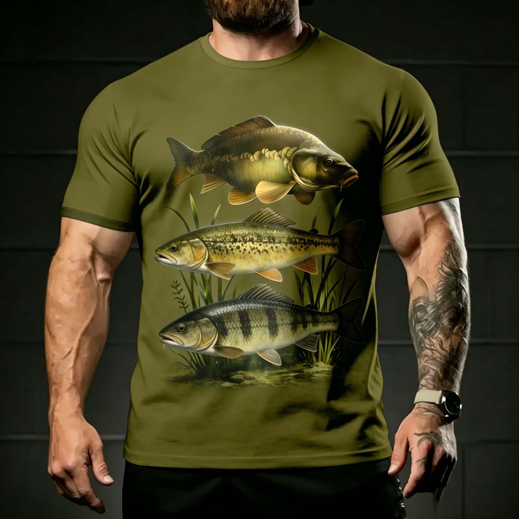 男性アーミーグリーン淡水魚水生草プリント半袖 Tシャツクルー - Us Aquatic Sports のレビューと価格