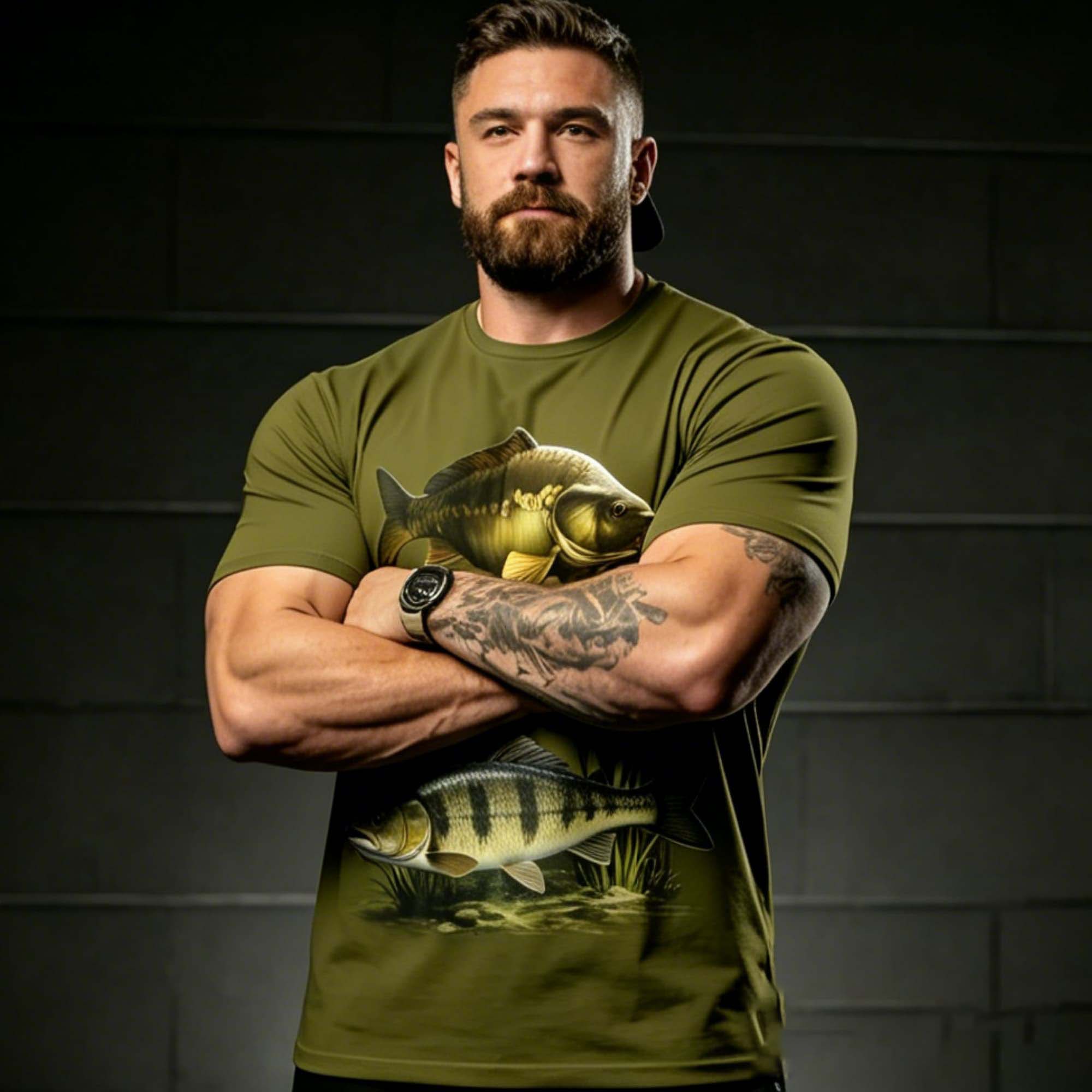 男性アーミーグリーン淡水魚水生草プリント半袖 Tシャツクルー - Us Aquatic Sports のレビューと価格